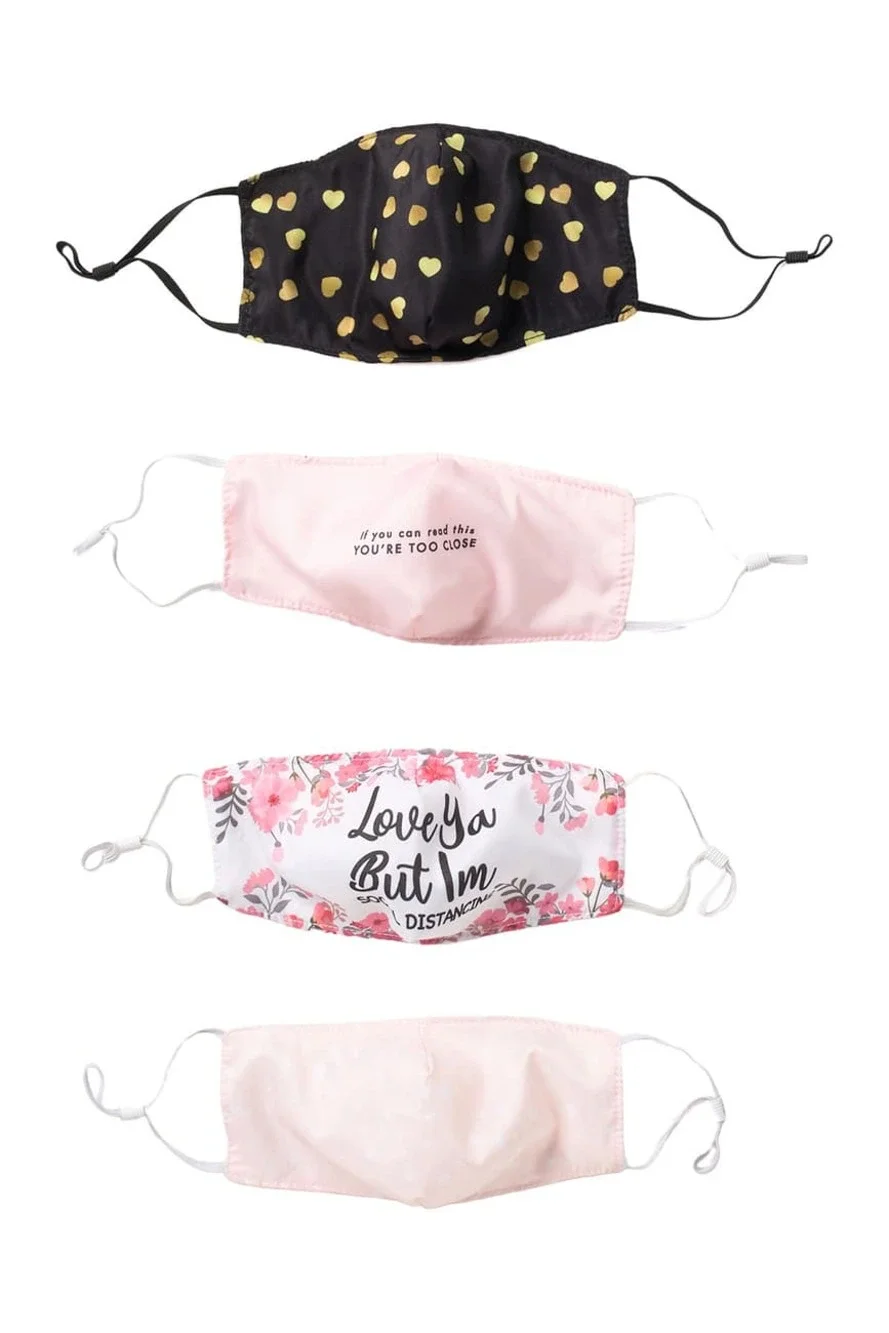 Social Graphic Print Adult Face Masks Pack of 4 Pink Black Gold Women NEW